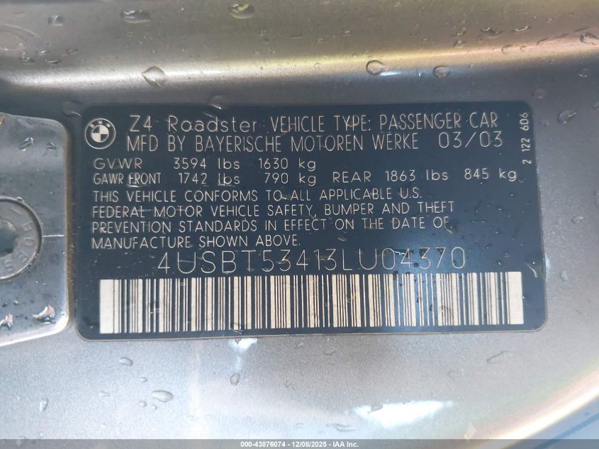2003 BMW Z4 3.0I VIN: 4USBT53413LU04370 Lot: 43876074