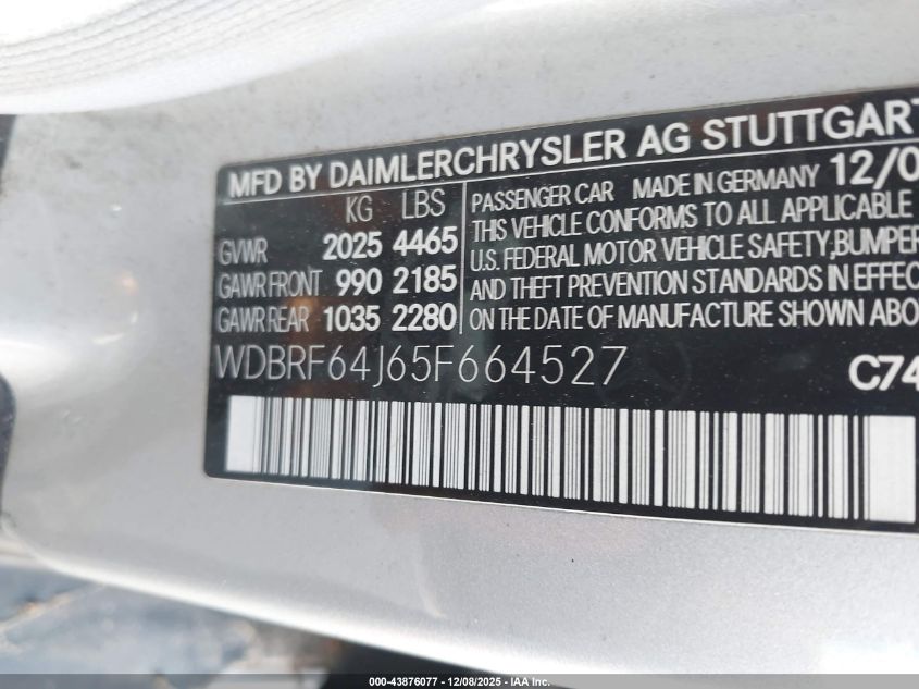 2005 Mercedes-Benz C 320 Luxury/Sport VIN: WDBRF64J65F664527 Lot: 43876077