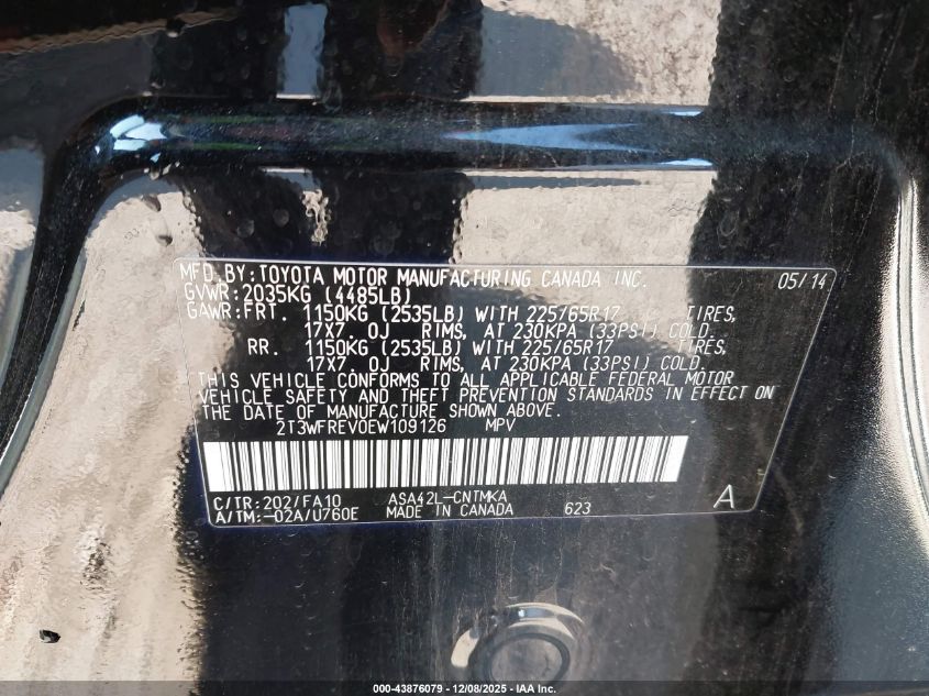 2014 Toyota Rav4 Xle VIN: 2T3WFREV0EW109126 Lot: 43876079