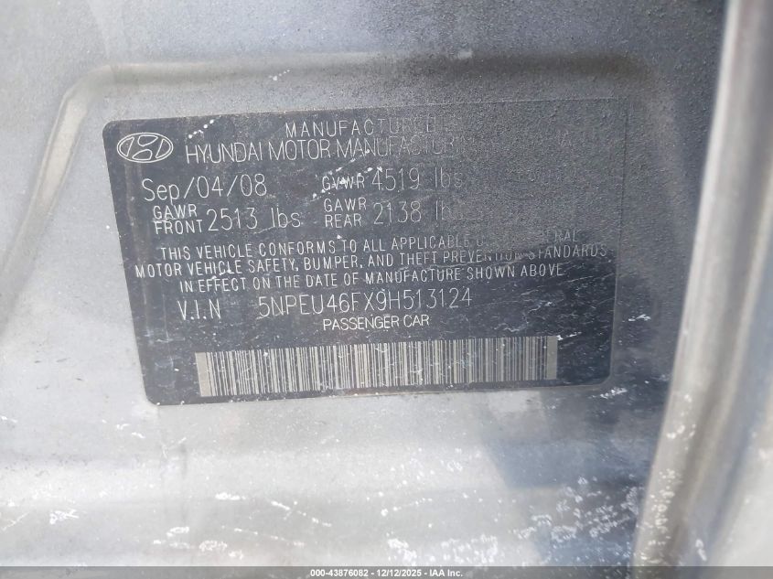 2009 Hyundai Sonata Limited V6 VIN: 5NPEU46FX9H513124 Lot: 43876082