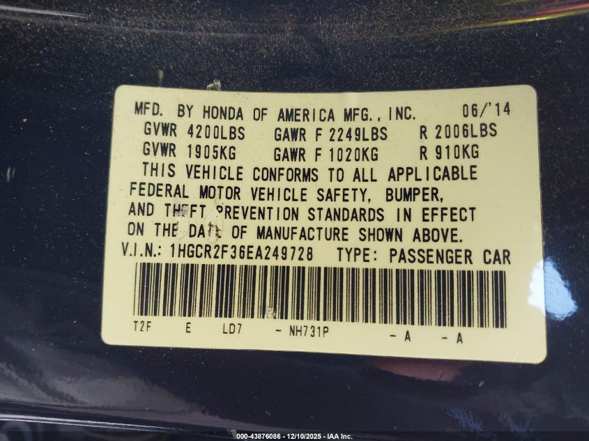 2014 Honda Accord Lx VIN: 1HGCR2F36EA249728 Lot: 43876086