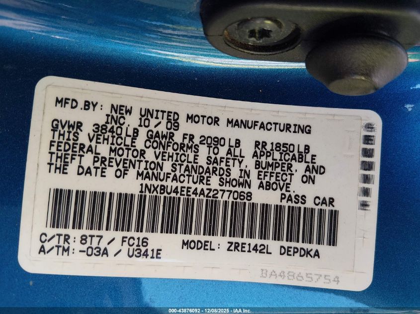 2010 Toyota Corolla Le VIN: 1NXBU4EE4AZ277068 Lot: 43876092