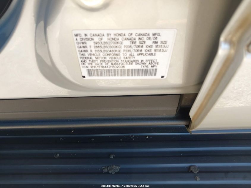 2007 Honda Pilot Ex VIN: 2HKYF18447H502036 Lot: 43876094