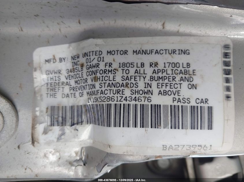 2001 Chevrolet Prizm VIN: 1Y1SK52861Z434676 Lot: 43876095