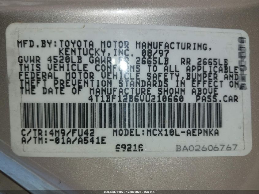 1997 Toyota Avalon Xl VIN: 4T1BF12B6VU210660 Lot: 43876102