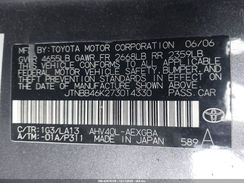 2007 Toyota Camry Hybrid VIN: JTNBB46K273014330 Lot: 43876105