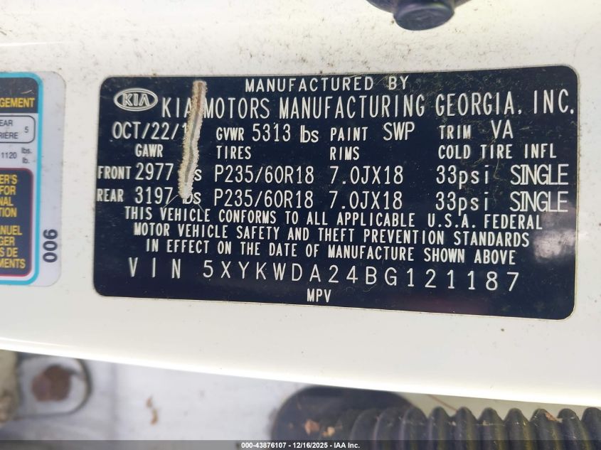 2011 Kia Sorento Sx V6 VIN: 5XYKWDA24BG121187 Lot: 43876107