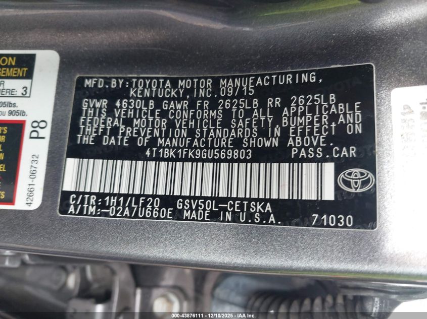 2016 Toyota Camry Xse V6 VIN: 4T1BK1FK9GU569803 Lot: 43876111