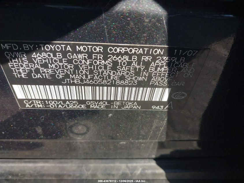 2008 Lexus Es 350 VIN: JTHBJ46G582188823 Lot: 43876112