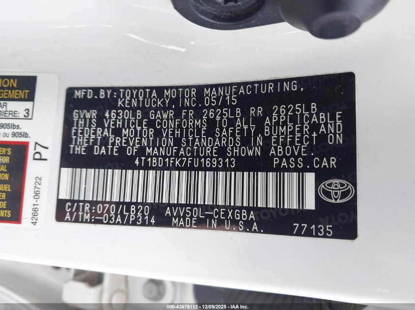 2015 Toyota Camry Hybrid Xle VIN: 4T1BD1FK7FU169313 Lot: 43876113