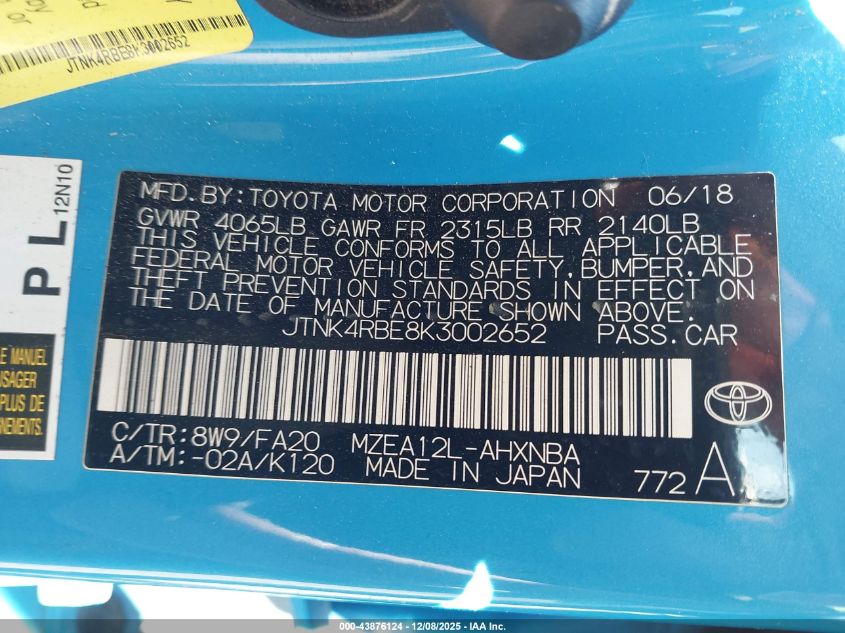 2019 Toyota Corolla Xse VIN: 0JTNK4RBE8K300265 Lot: 43876124