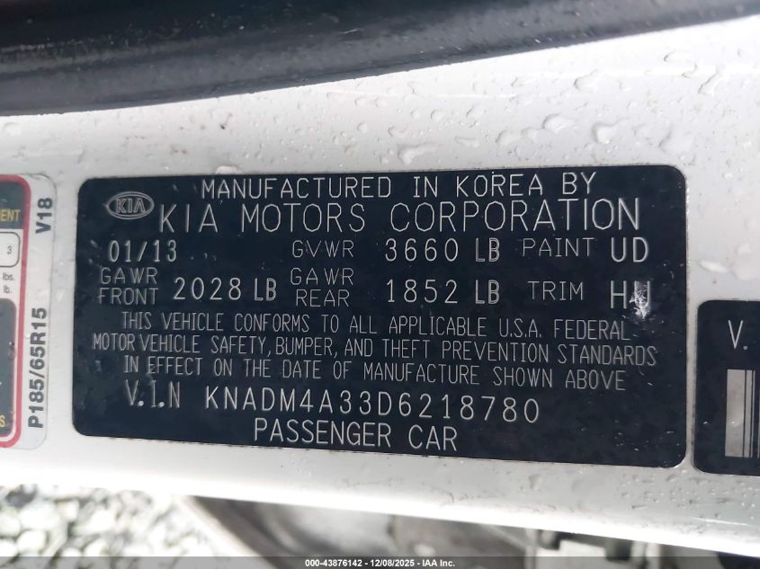 2013 Kia Rio Lx VIN: KNADM4A33D6218780 Lot: 43876142