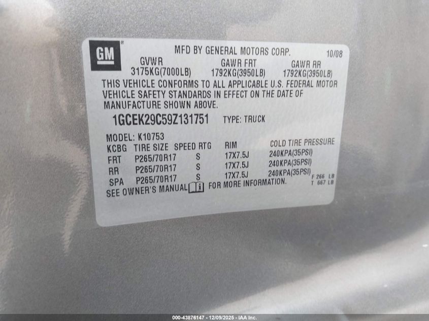 2009 Chevrolet Silverado 1500 Lt VIN: 1GCEK29C59Z131751 Lot: 43876147