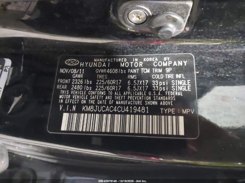 2012 Hyundai Tucson Gls VIN: KM8JUCAC4CU419481 Lot: 43876148