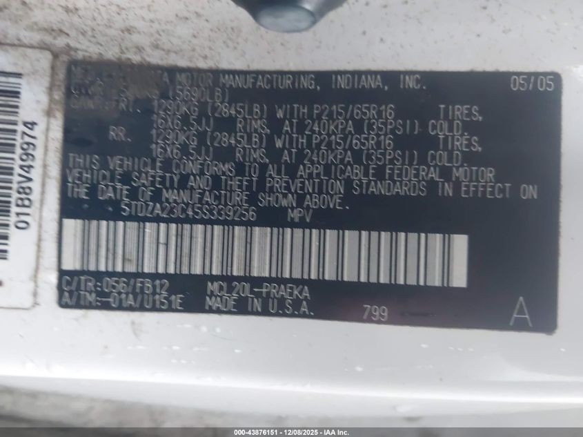 2005 Toyota Sienna Le VIN: 5TDZA23C45S339256 Lot: 43876151