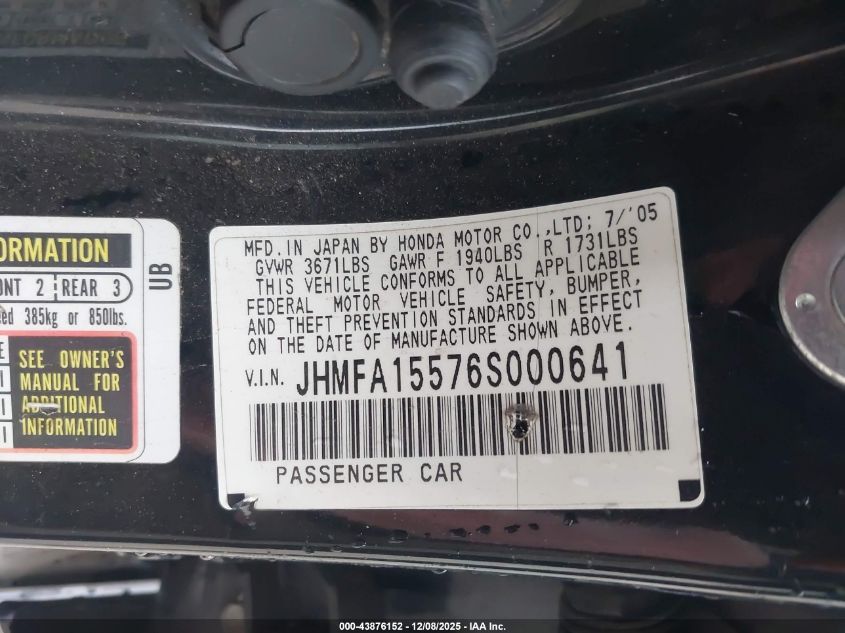 2006 Honda Civic Lx VIN: JHMFA15576S000641 Lot: 43876152