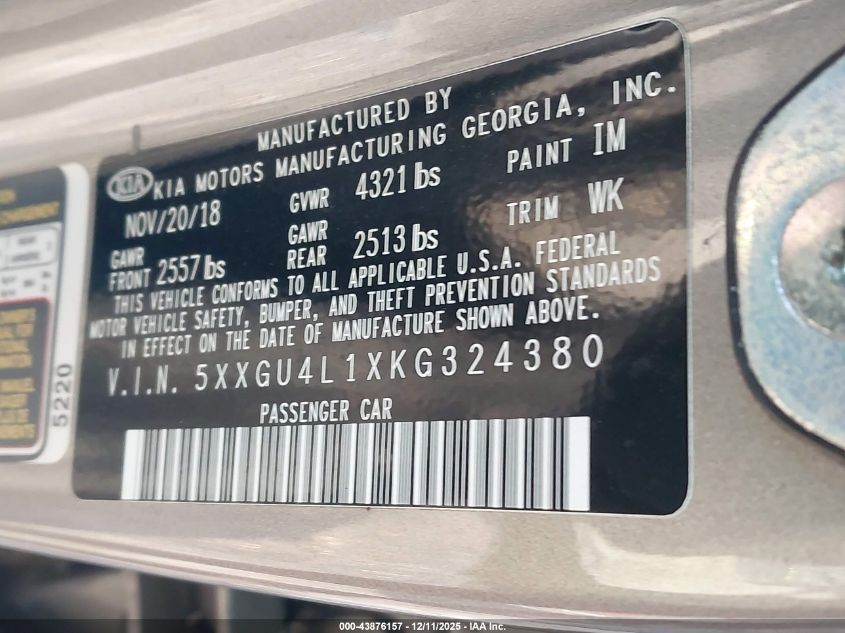 2019 Kia Optima Ex VIN: 5XXGU4L1XKG324380 Lot: 43876157