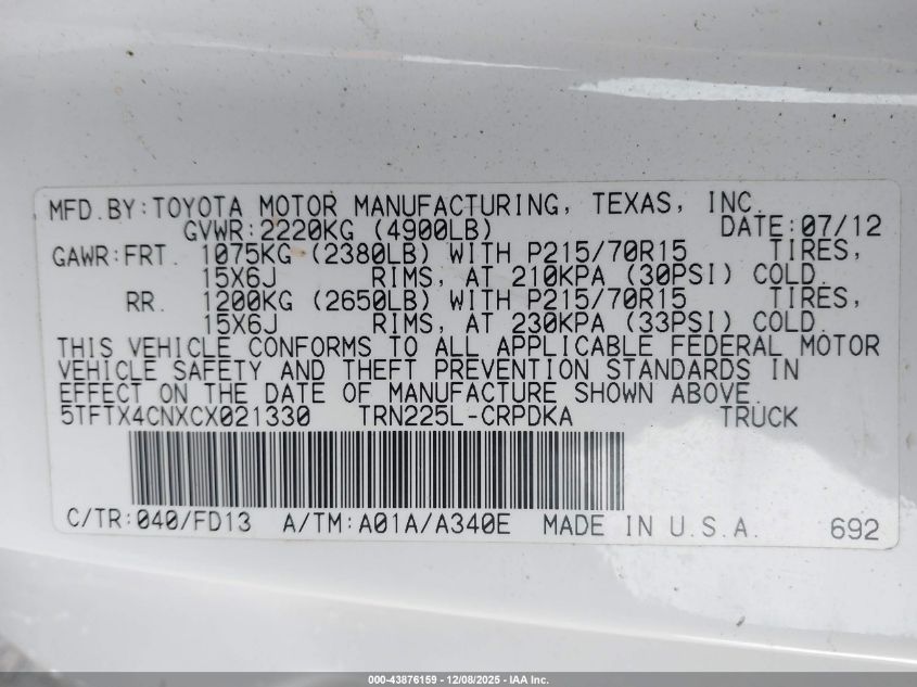 2012 Toyota Tacoma VIN: 5TFTX4CNXCX021330 Lot: 43876159