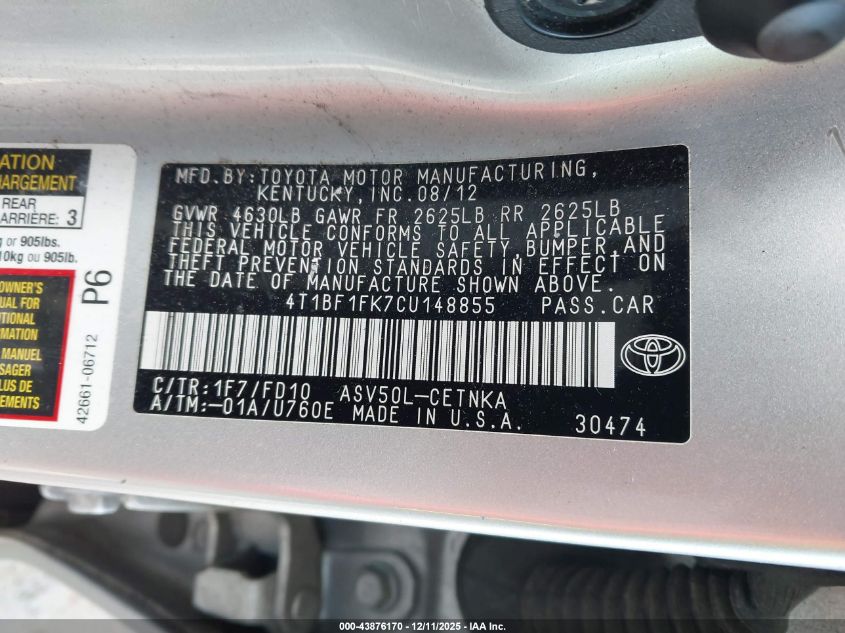 2012 Toyota Camry Le VIN: 4T1BF1FK7CU148855 Lot: 43876170