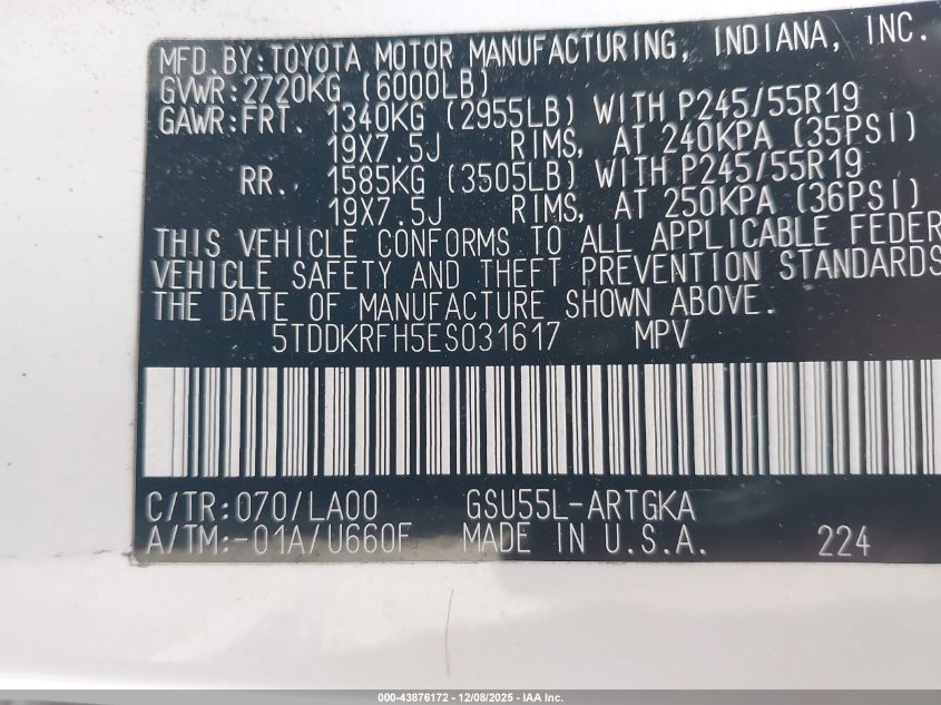 2014 Toyota Highlander Limited V6 VIN: 5TDDKRFH5ES031617 Lot: 43876172