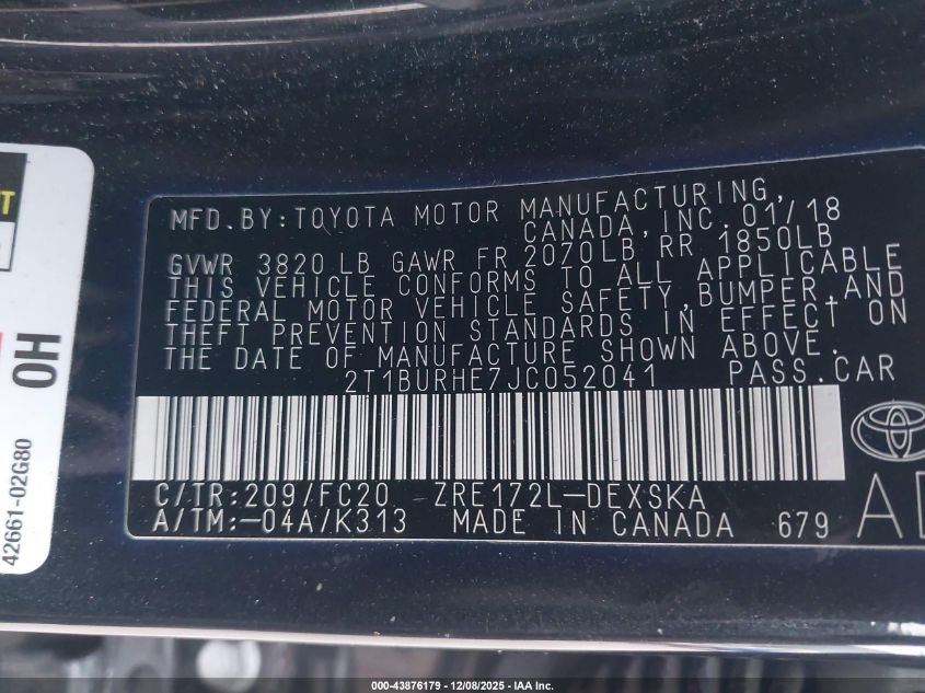 2018 Toyota Corolla Se VIN: 2T1BURHE7JC052041 Lot: 43876179