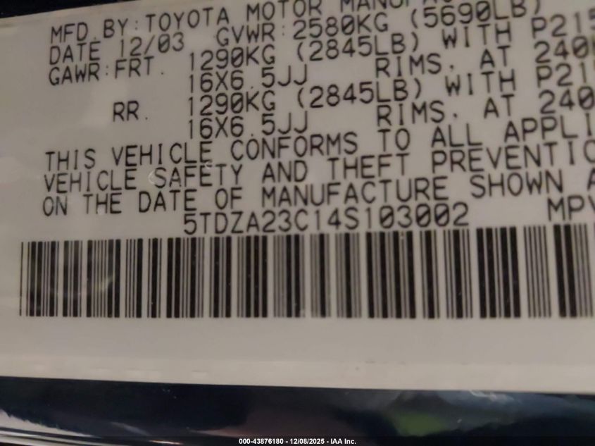 2004 Toyota Sienna Le VIN: 5TDZA23C14S103002 Lot: 43876180