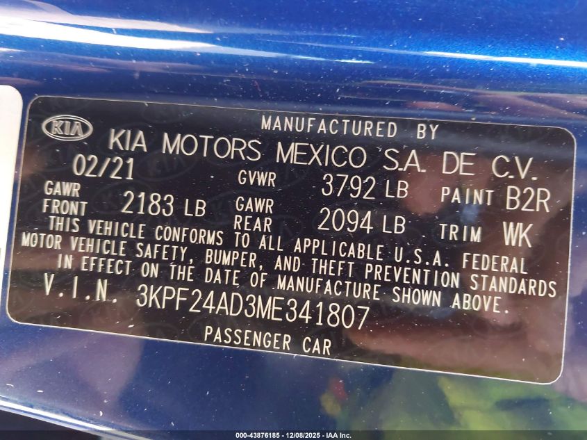 2021 Kia Forte Lxs VIN: 3KPF24AD3ME341807 Lot: 43876185