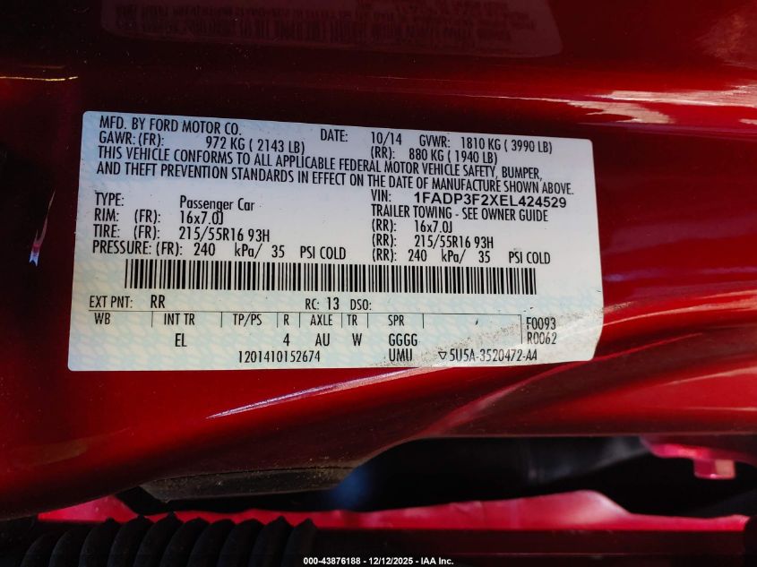 2014 Ford Focus Se VIN: 1FADP3F2XEL424529 Lot: 43876188