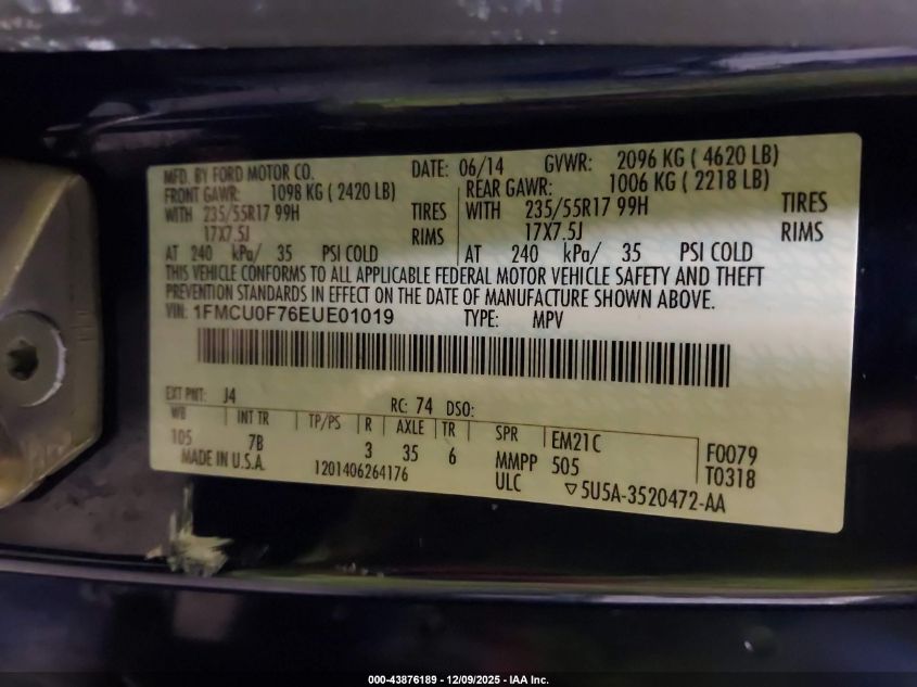 2014 Ford Escape S VIN: 1FMCU0F76EUE01019 Lot: 43876189