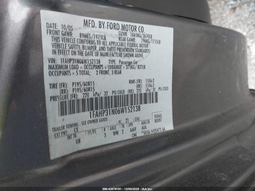 2006 Ford Focus Zx3 VIN: 1FAHP31N06W152138 Lot: 43876191