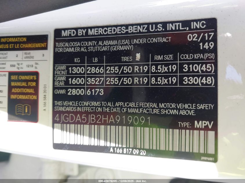 2017 Mercedes-Benz Gle 350 VIN: 4JGDA5JB2HA919091 Lot: 43876205