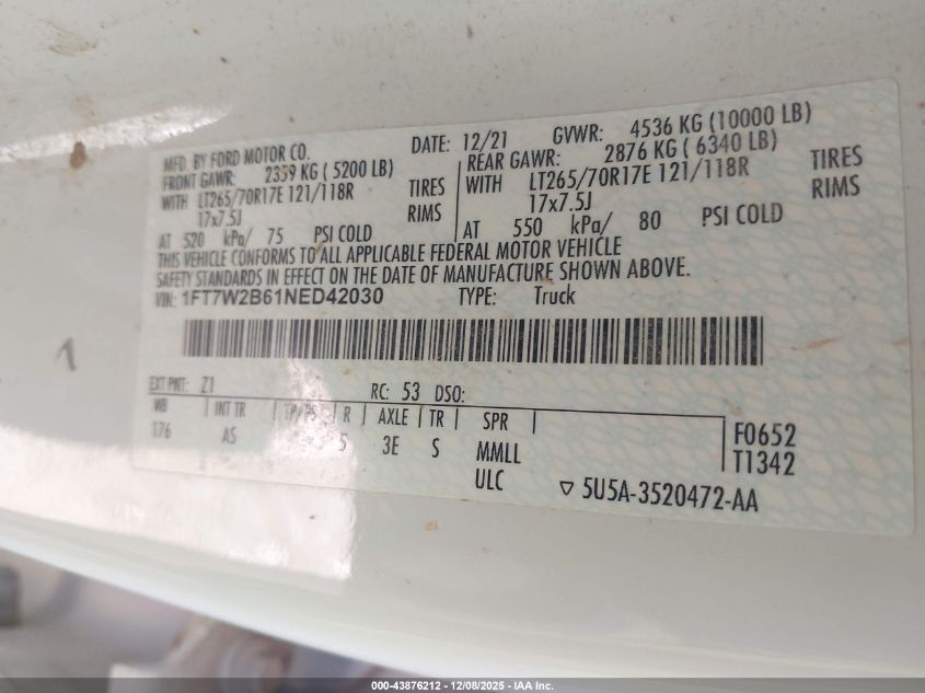 2022 Ford F-250 Xl VIN: 1FT7W2B61NED42030 Lot: 43876212