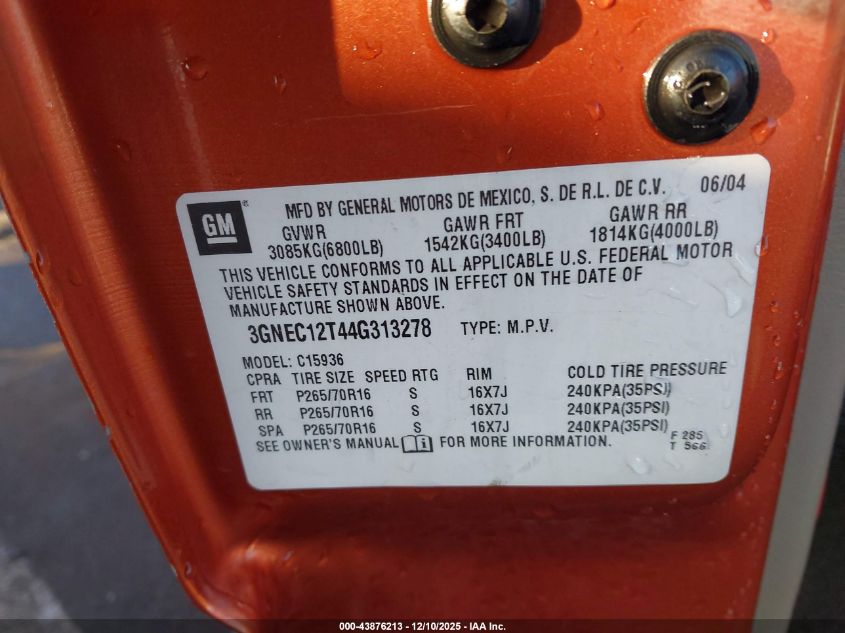 2004 Chevrolet Avalanche 1500 VIN: 3GNEC12T44G313278 Lot: 43876213