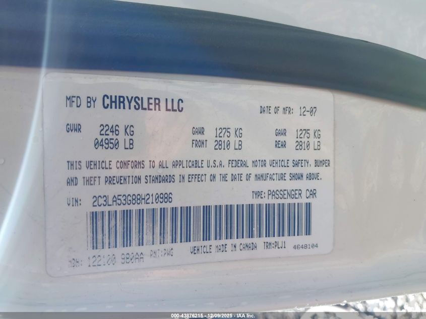 2008 Chrysler 300 Touring VIN: 2C3LA53G88H210986 Lot: 43876215