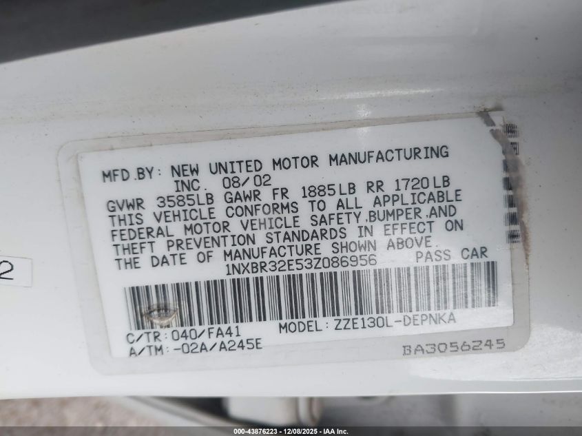 2003 Toyota Corolla Le VIN: 1NXBR32E53Z086956 Lot: 43876223