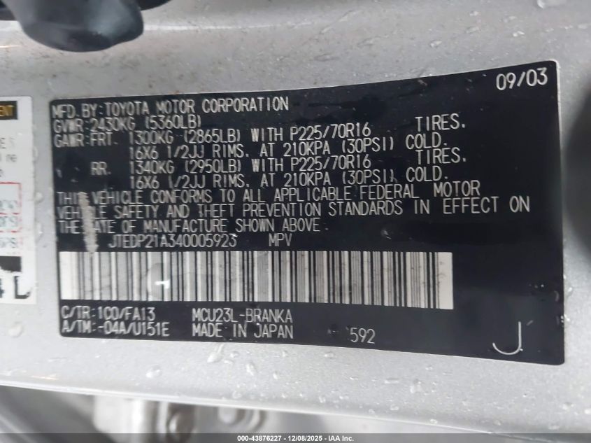 2004 Toyota Highlander V6 VIN: JTEDP21A340005923 Lot: 43876227