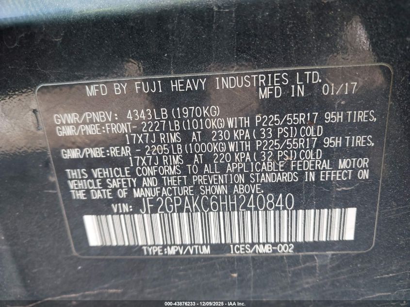 2017 Subaru Crosstrek 2.0I Limited VIN: JF2GPAKC6HH240840 Lot: 43876233