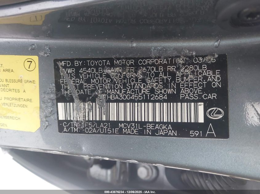 2005 Lexus Es 330 VIN: JTHBA30G455112684 Lot: 43876234