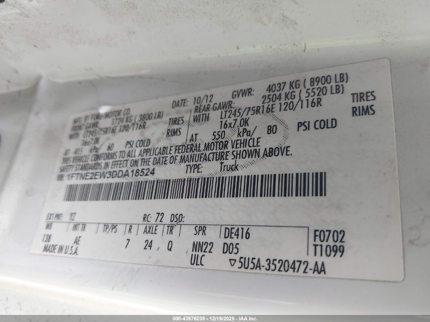 2013 Ford E-250 Commercial VIN: 1FTNE2EW3DDA18524 Lot: 43876235