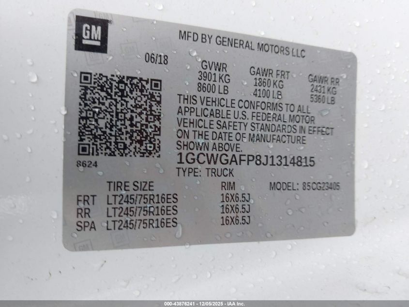 2018 Chevrolet Express 2500 Work Van VIN: 1GCWGAFP8J1314815 Lot: 43876241