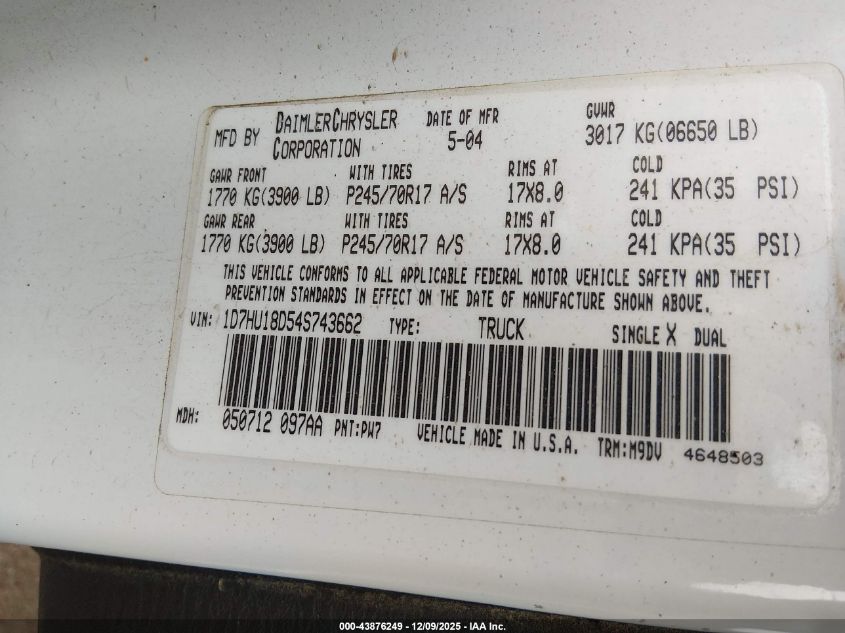 2004 Dodge Ram 1500 Slt/Laramie VIN: 1D7HU18D54S743662 Lot: 43876249