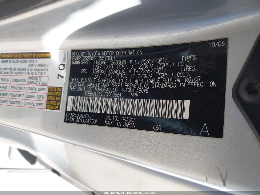 2007 Toyota Fj Cruiser VIN: JTEBU11F870050561 Lot: 43876253