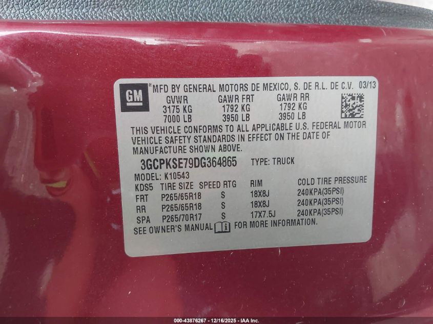 2013 Chevrolet Silverado 1500 Lt VIN: 3GCPKSE79DG364865 Lot: 43876267