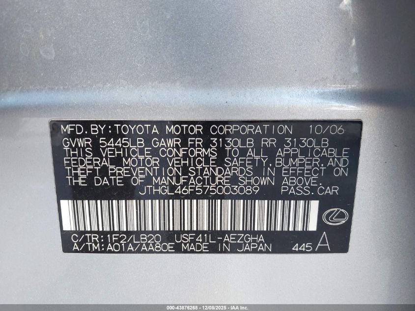 2007 Lexus Ls 460 L VIN: JTHGL46F575003089 Lot: 43876268