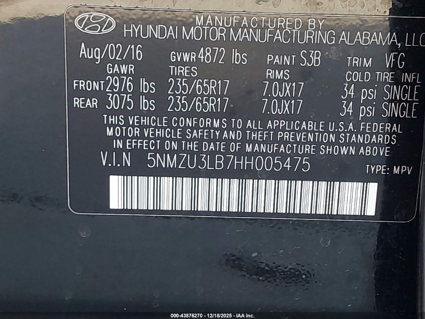 2017 Hyundai Santa Fe Sport 2.4L VIN: 5NMZU3LB7HH005475 Lot: 43876270