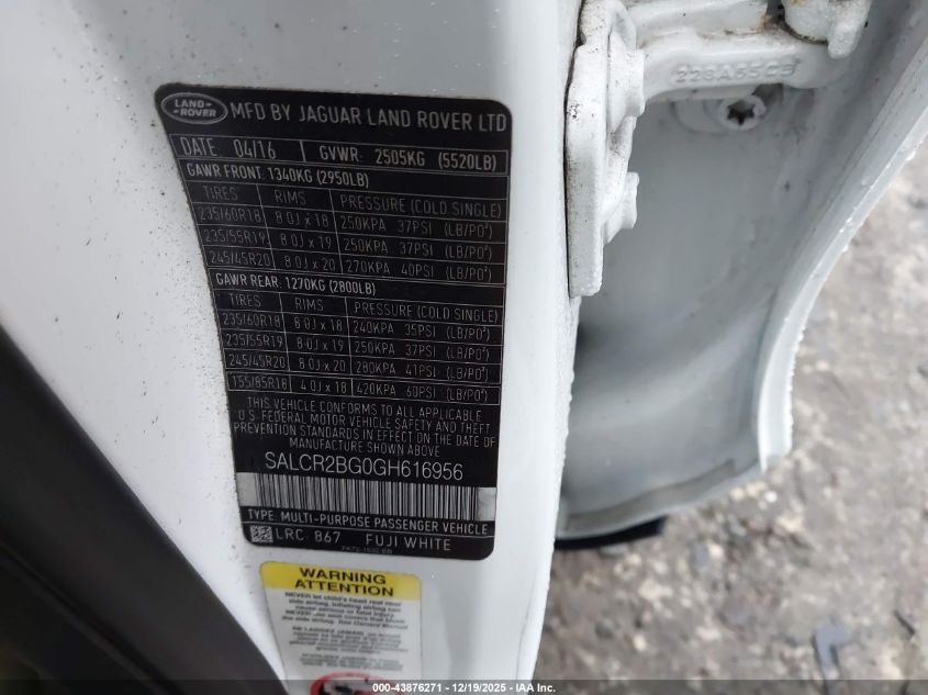 2016 Land Rover Discovery Sport Hse VIN: SALCR2BG0GH616956 Lot: 43876271
