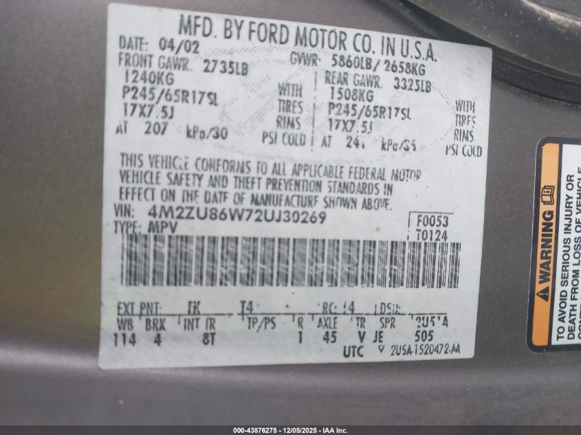 2002 Mercury Mountaineer VIN: 4M2ZU86W72UJ30269 Lot: 43876275