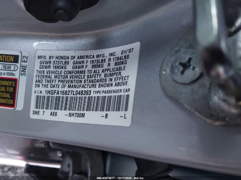 2007 Honda Civic Ex VIN: 1HGFA16827L048393 Lot: 43876277