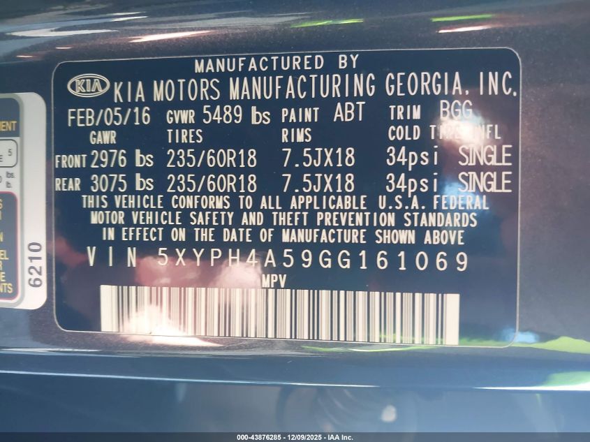 2016 Kia Sorento 3.3L Ex VIN: 5XYPH4A59GG161069 Lot: 43876285