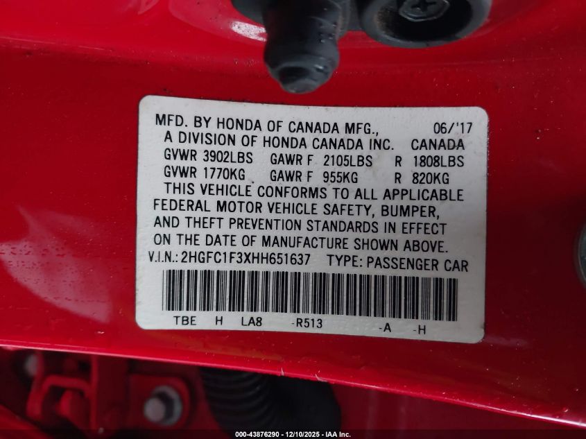 2017 Honda Civic Ex-T VIN: 2HGFC1F3XHH651637 Lot: 43876290
